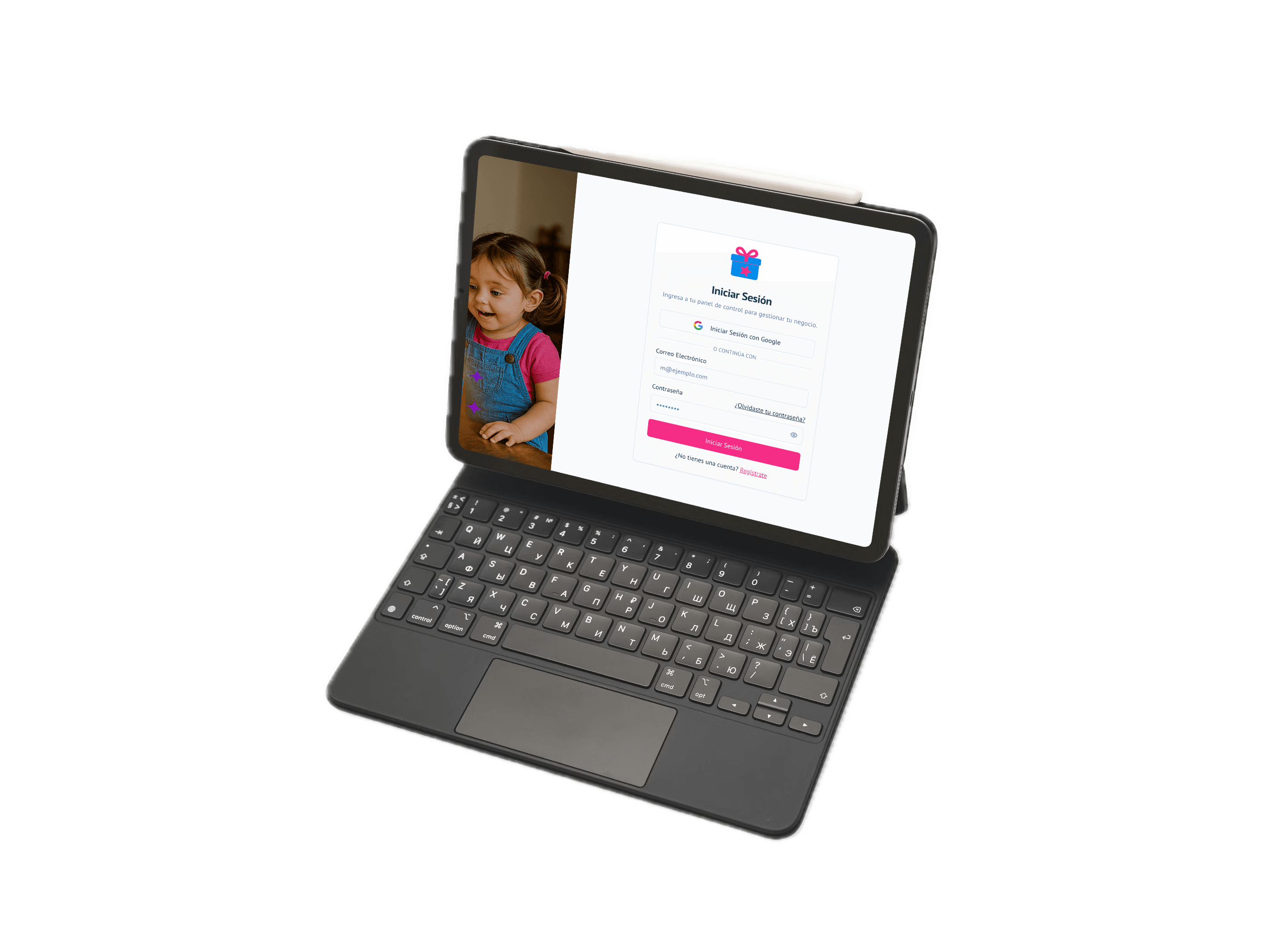 Panel de negocio de Recompensarte en iPad con dashboard y módulos