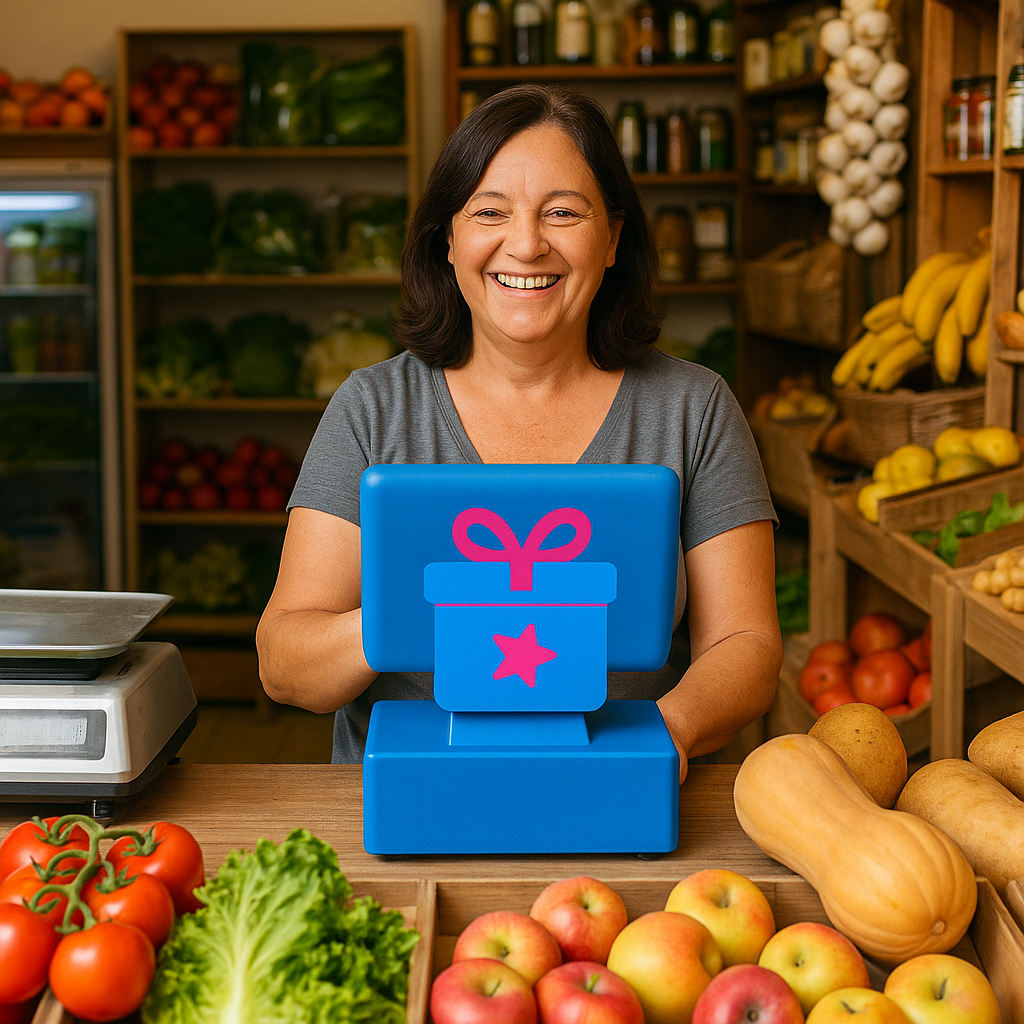 Cliente feliz en una tienda de abarrotes.