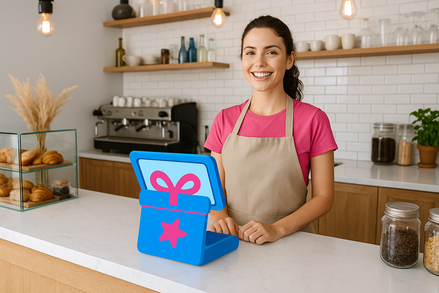 Dueña de una cafetería gestionando su programa de lealtad.